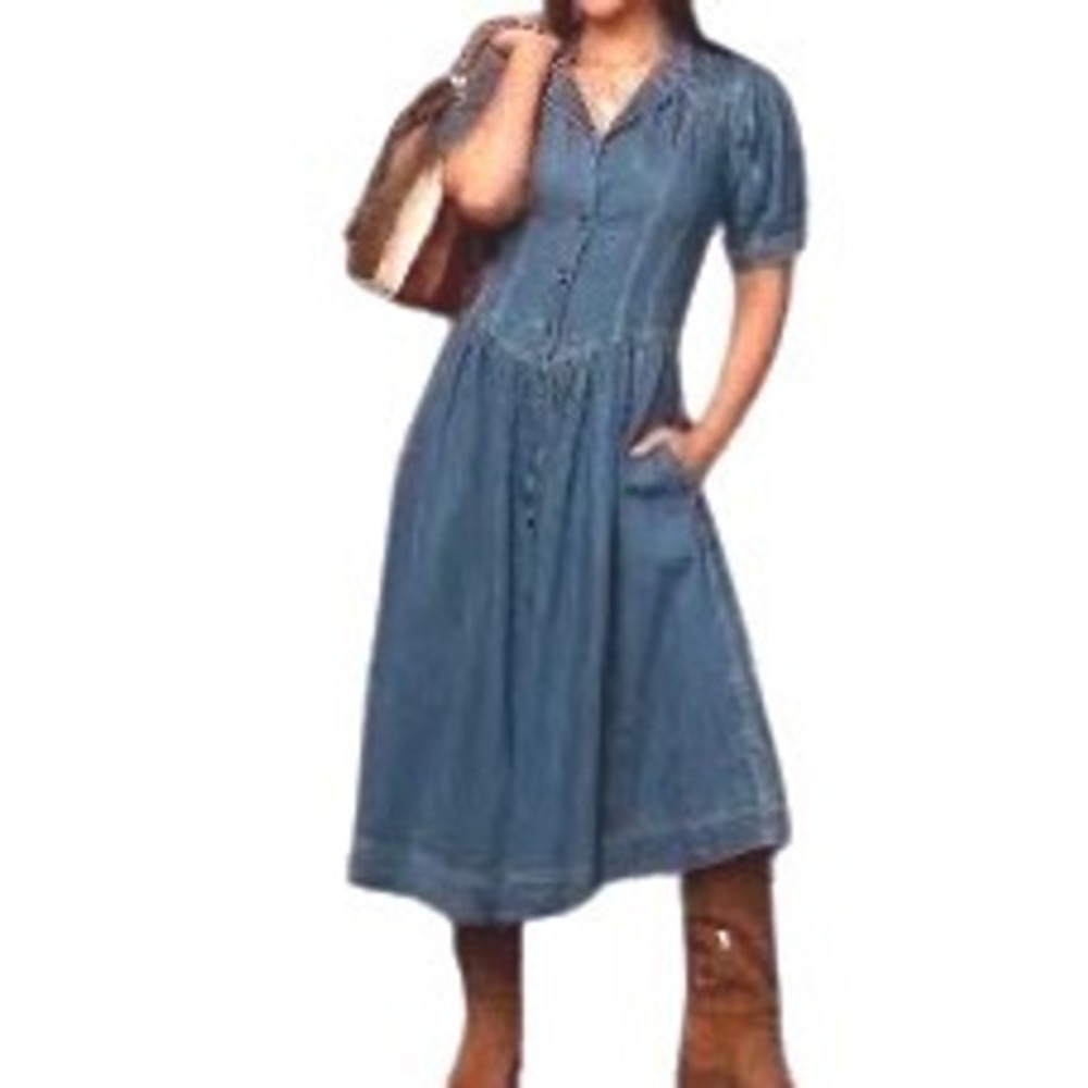 Pilcro and the Letterpress Denim Midi Dress Blue Button Front Puff Sleeve Sz 10